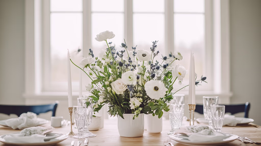 Elegant konfirmasjonsbord med blå og hvite blomsterdekorasjoner